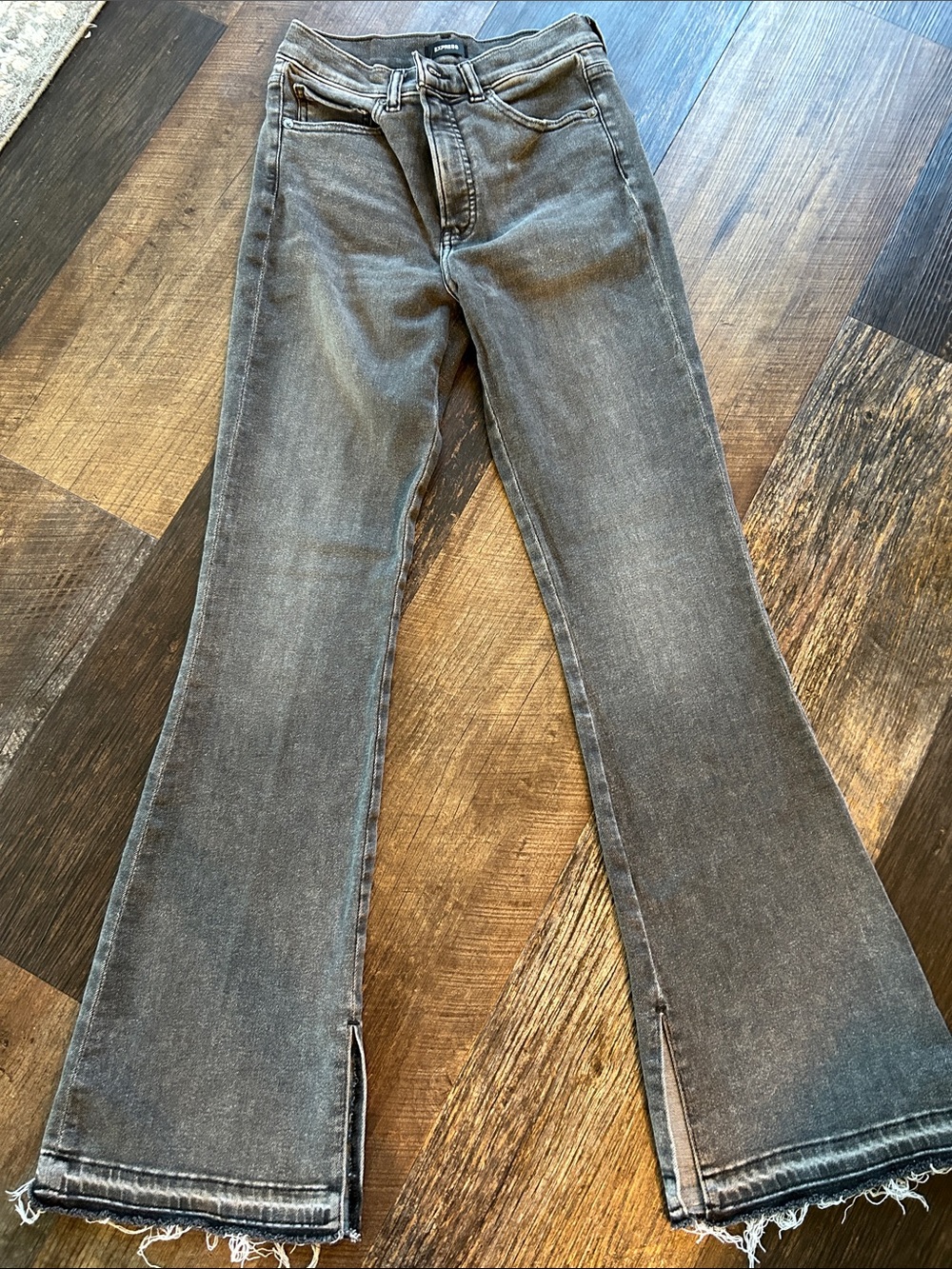 Express High Rise Gray Flare Jeans with Front Slits